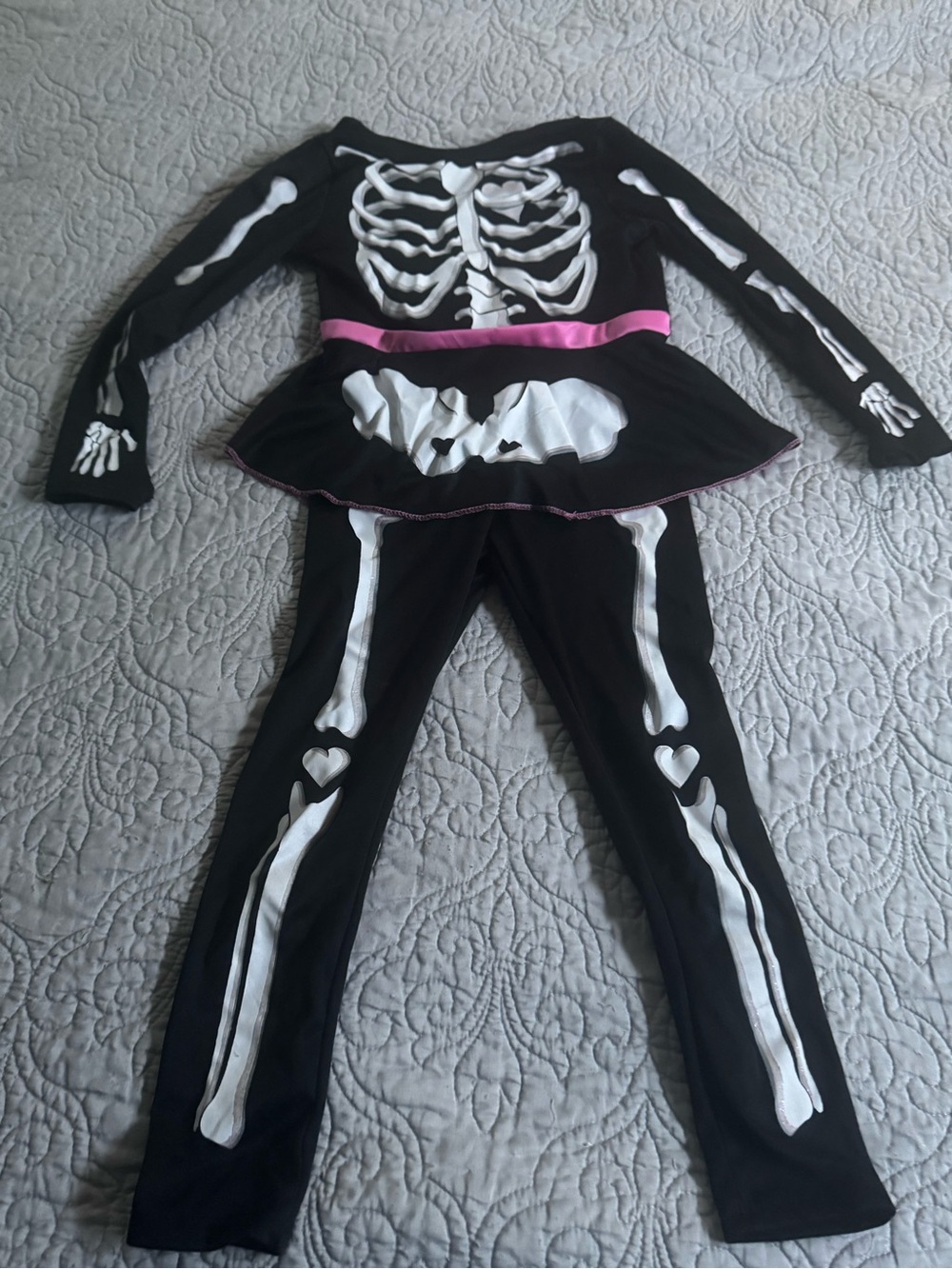 Kids Black Skeleton Skirted Costume with Pink Sash
